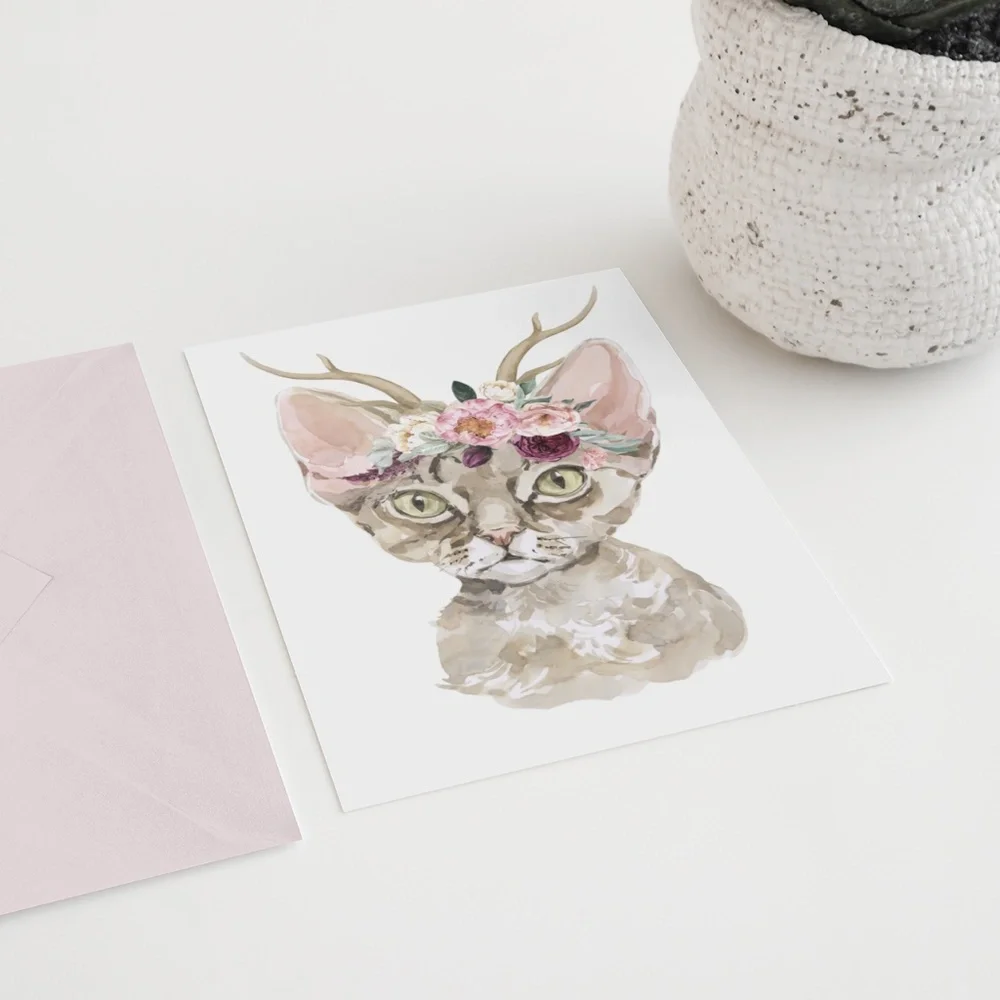 Watercolor Floral Devon Rex Cat Wall Art Illustration Print Poster Card Unframed - Picture 6 of 7